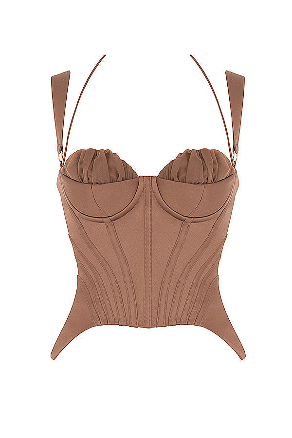 Gorset z satynową peplum w kolorze toffi
