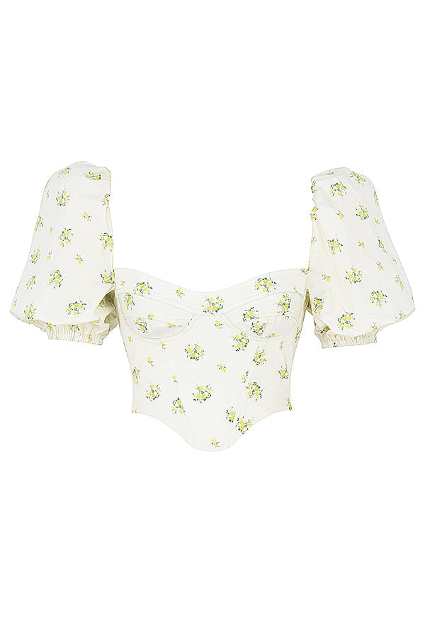 Gorset w kolorze koœci sęoniowej z kwiatami i bufiastymi rêkawami