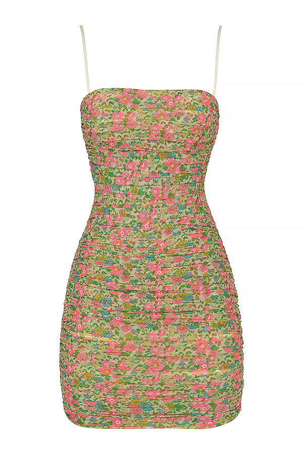 Sukienka mini w stylu vintage z siateczki z organzy, w kwiaty i falbany