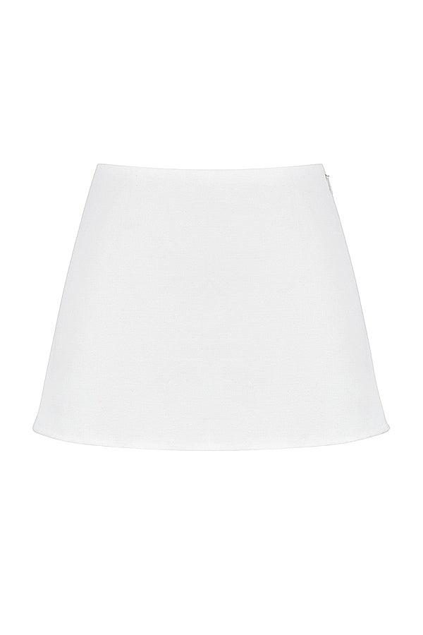 Biaęy koronkowy top z lnianą mini spódniczką w ksztaęcie litery A