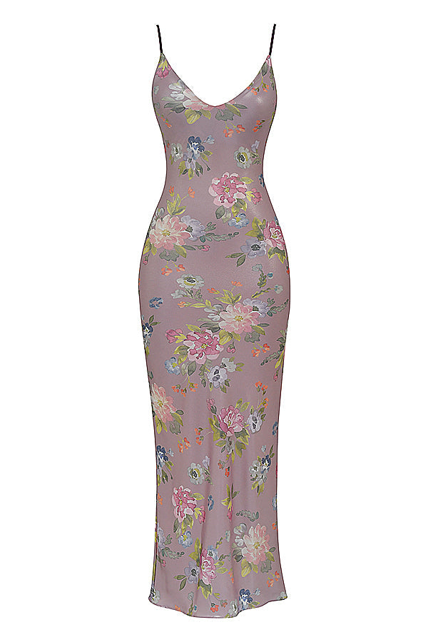 Fioletowa sukienka maxi w kwiaty