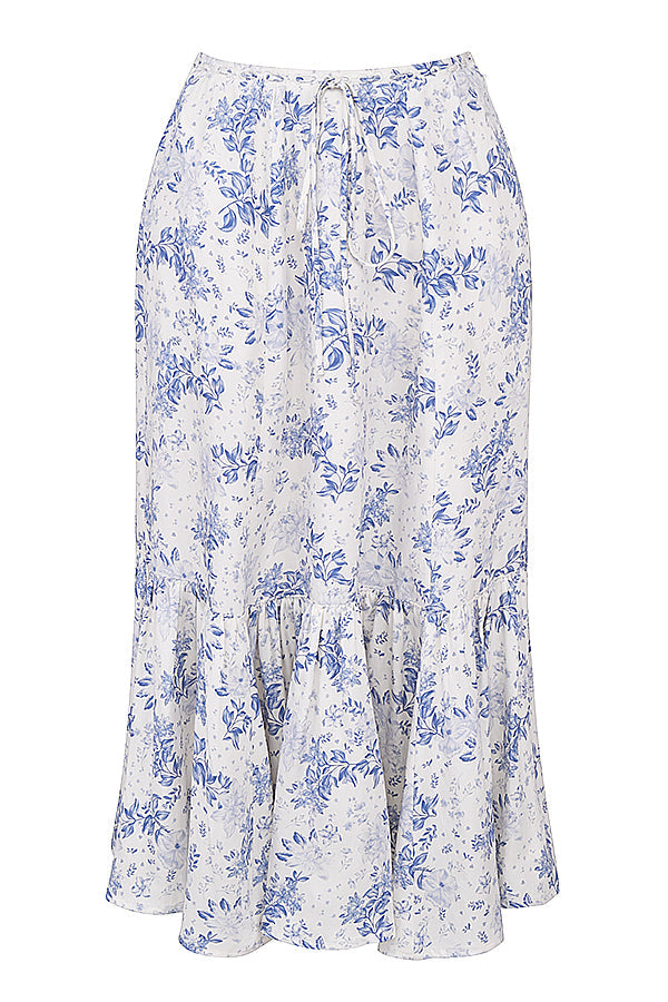 Niebieski top w kwiaty ze spódnicą midi