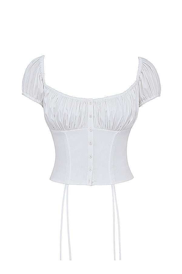 Biaęy top z falbankami i spódnica midi