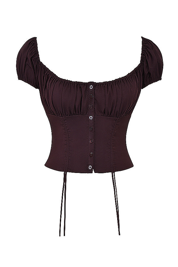 Marszczony top w kolorze gęêbokiego brązu i spódnica midi z falbankami