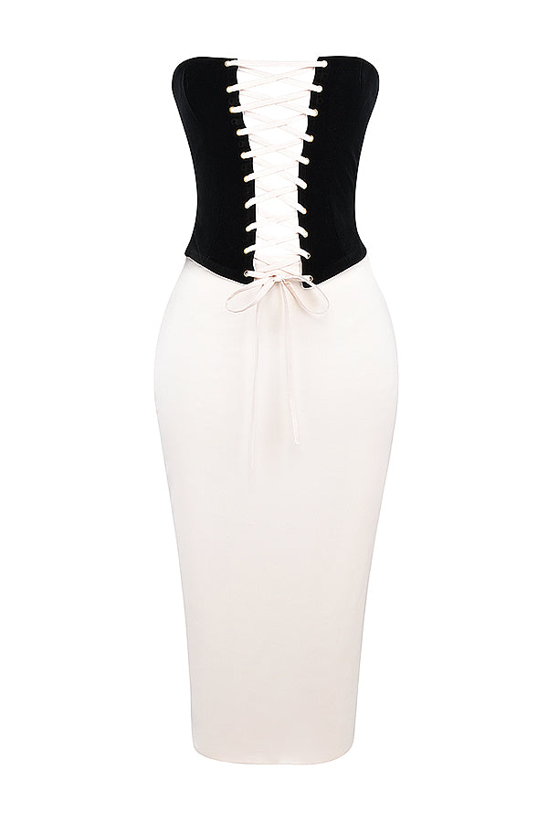 Gorsetowa sukienka bez ramiączek w kolorze kremowo-czarnym