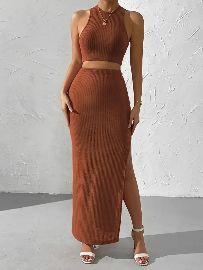 Bezrękawnik Crop Top z długą spódnicą Dzianinowy zestaw