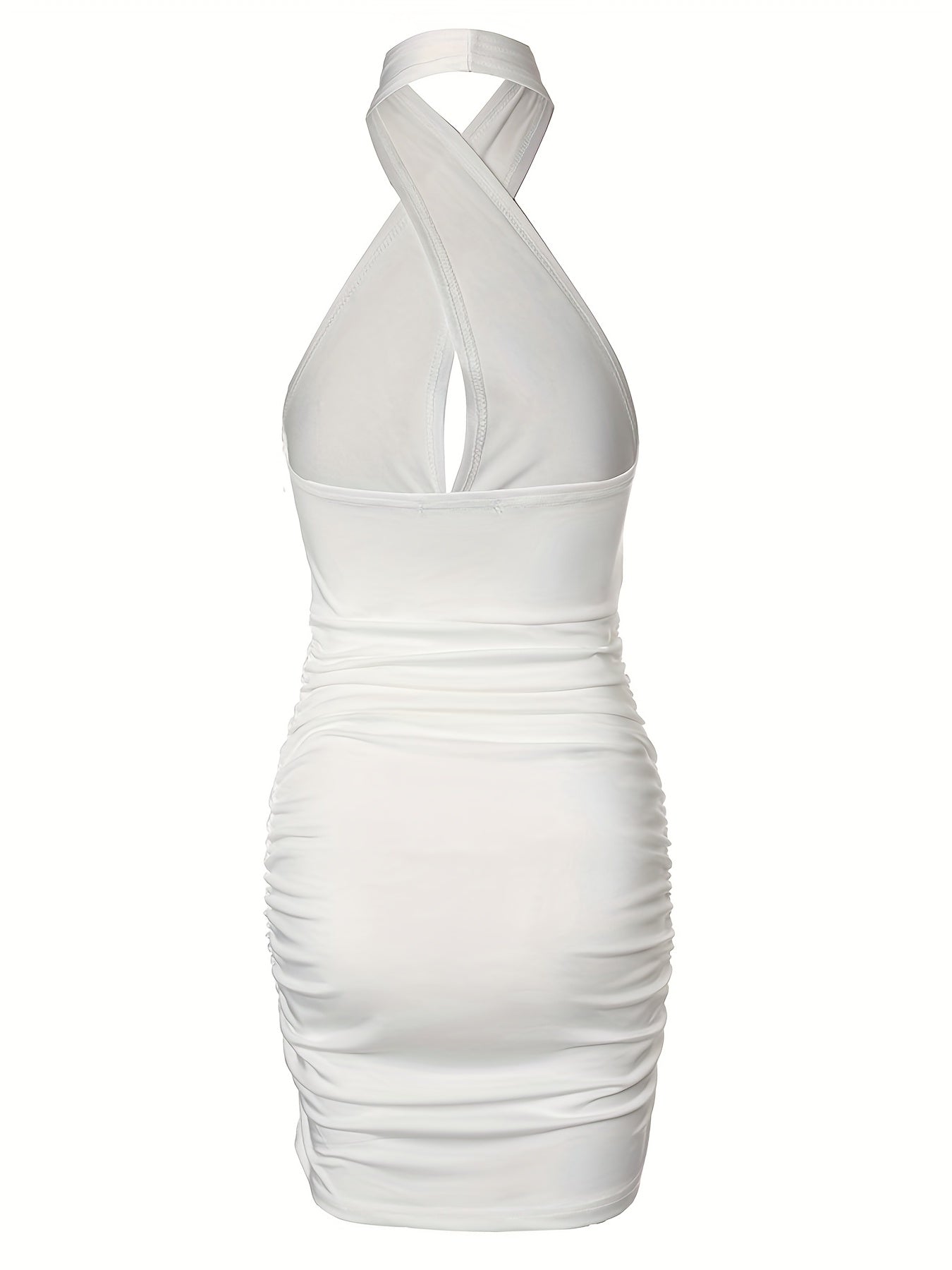 Wąska sukienka bez pleców, wiązana na szyi, z falbankami i marszczeniami