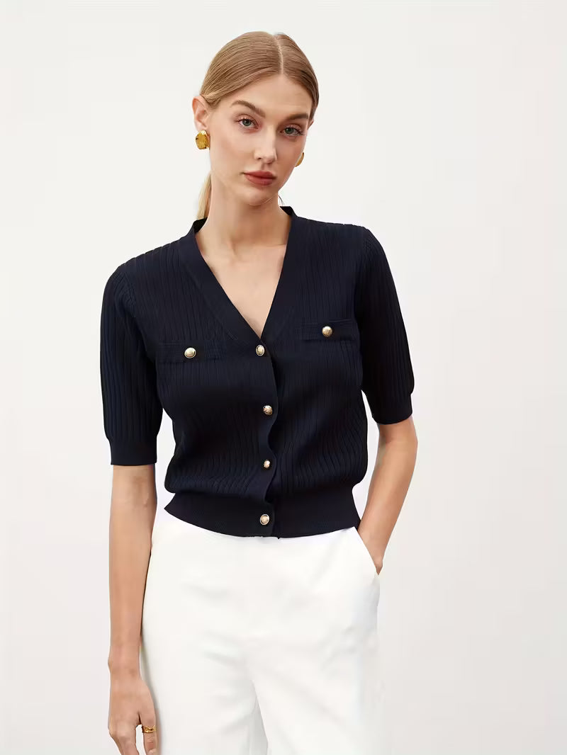 Krótki rękaw, czarny kardigan w paski