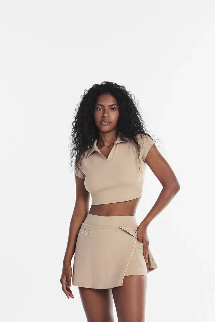 Dwuczęściowy Top ze Spódnicą w Beżu