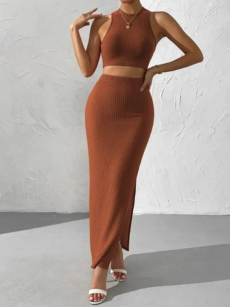 Bezrękawnik Crop Top z długą spódnicą Dzianinowy zestaw