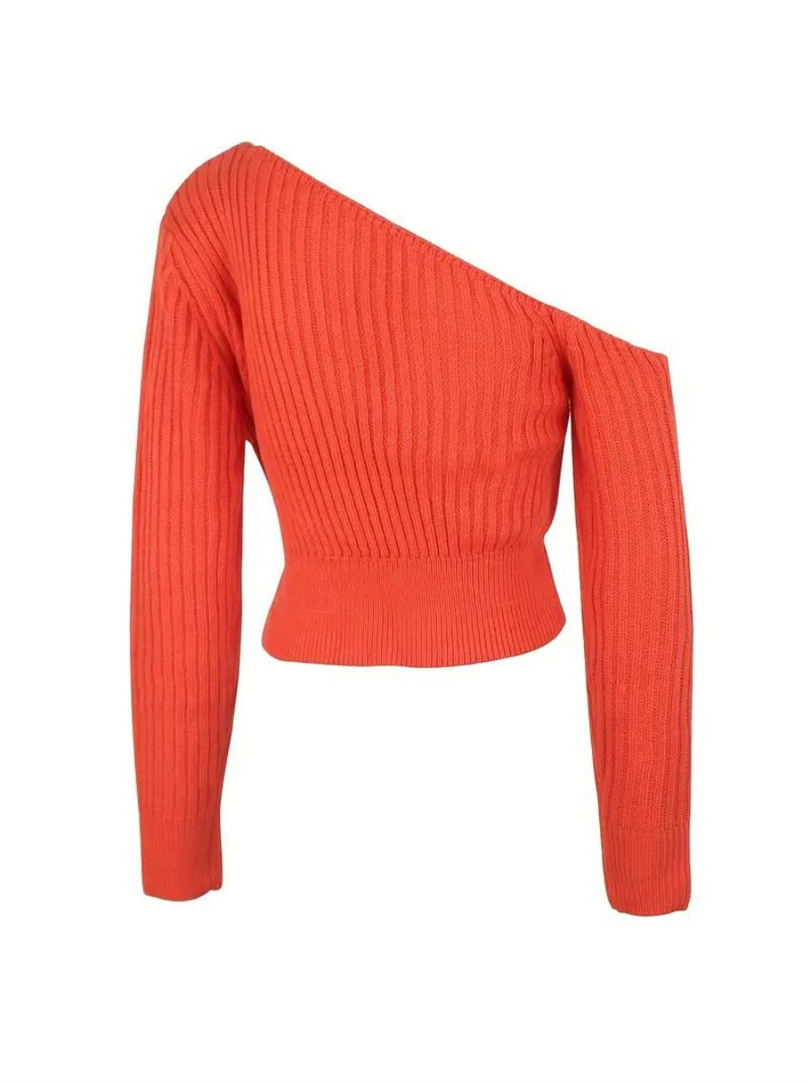 Sweter wykonany z dzianiny œciągaczowej, z asymetrycznym dekoltem