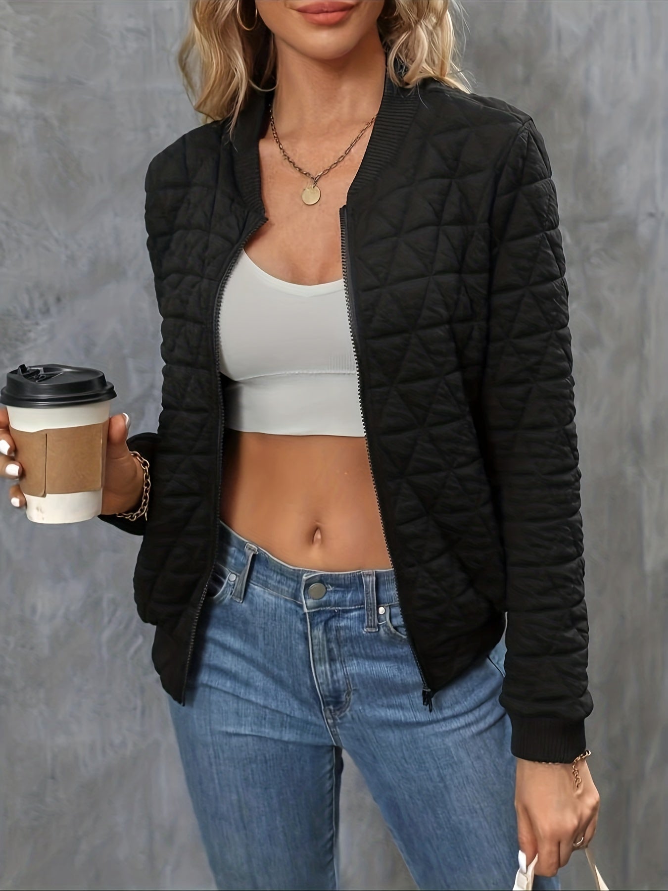 Strukturalna czarna kurtka bomber dla kobiet