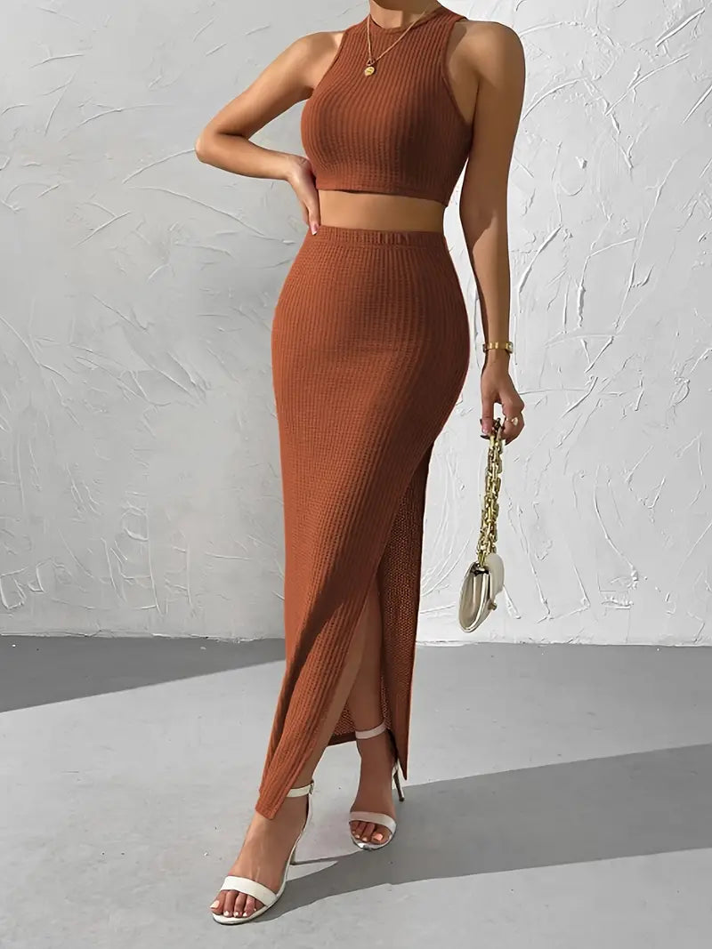 Bezrękawnik Crop Top z długą spódnicą Dzianinowy zestaw