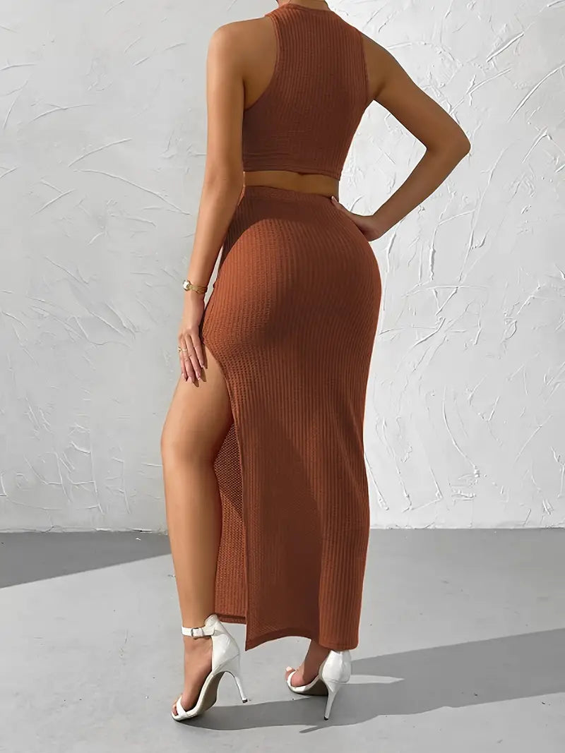 Bezrękawnik Crop Top z długą spódnicą Dzianinowy zestaw