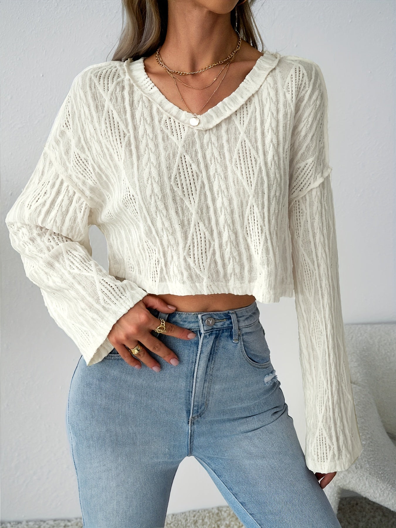 Biaęa strukturalna koszulka z dekoltem w ksztaęcie litery V