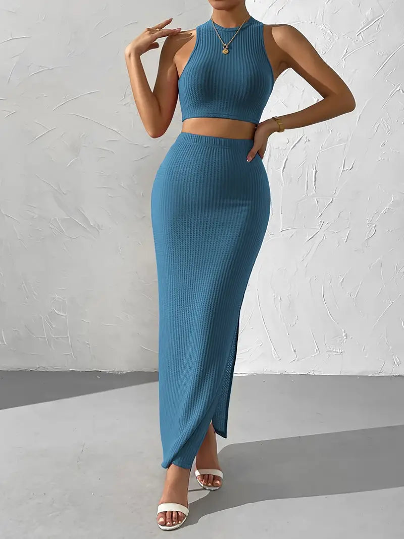 Bezrękawnik Crop Top z długą spódnicą Dzianinowy zestaw