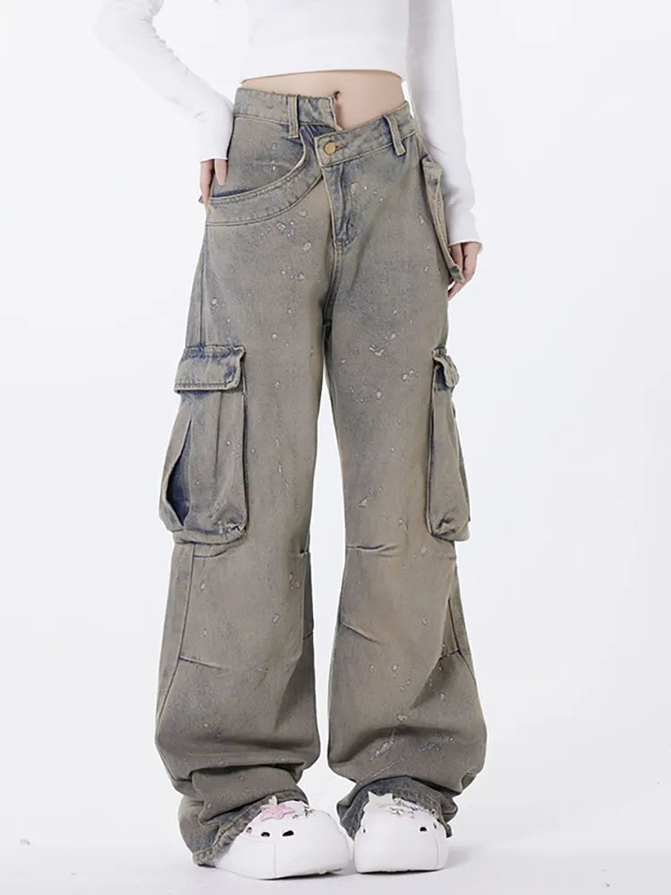 Retro asymetryczne sprane jeansy
