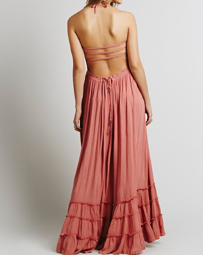 Sukienka maxi typu Halter Swing Beach z odkrytymi plecami