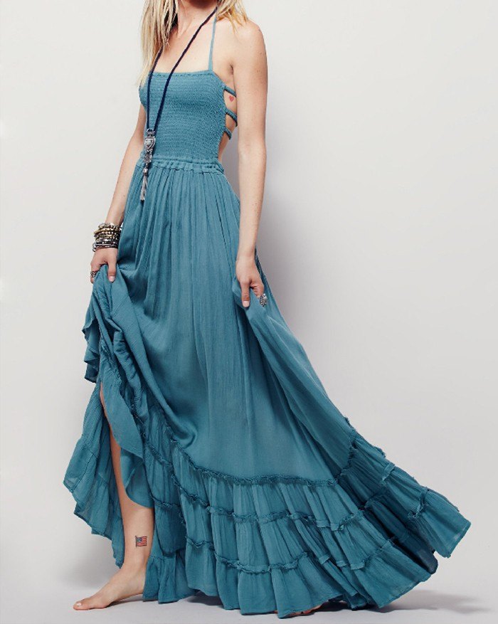 Sukienka maxi typu Halter Swing Beach z odkrytymi plecami