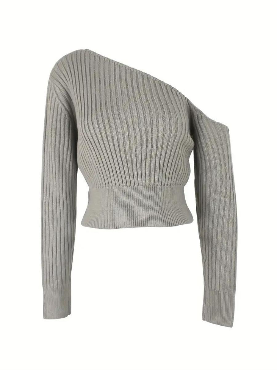 Sweter wykonany z dzianiny œciągaczowej, z asymetrycznym dekoltem