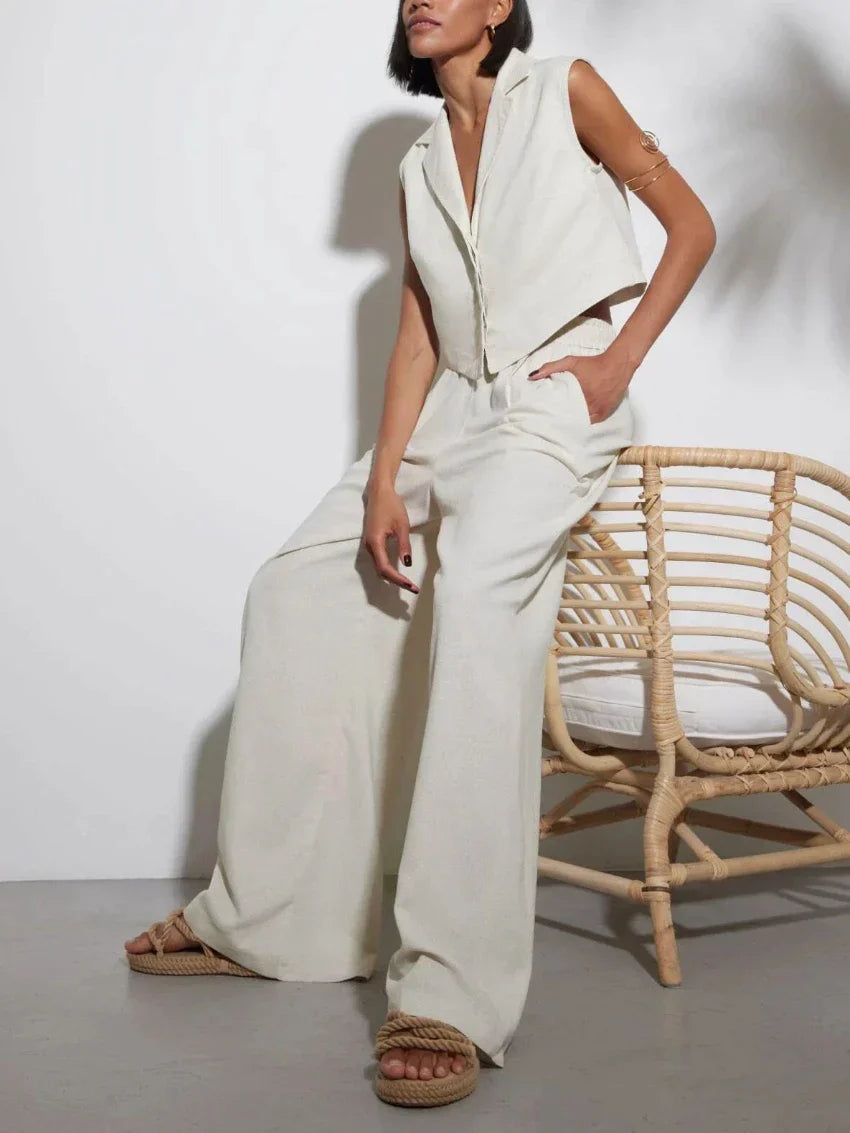 Elegancki kardigan i garnitur do spodni wykonany z lnu i baweęny