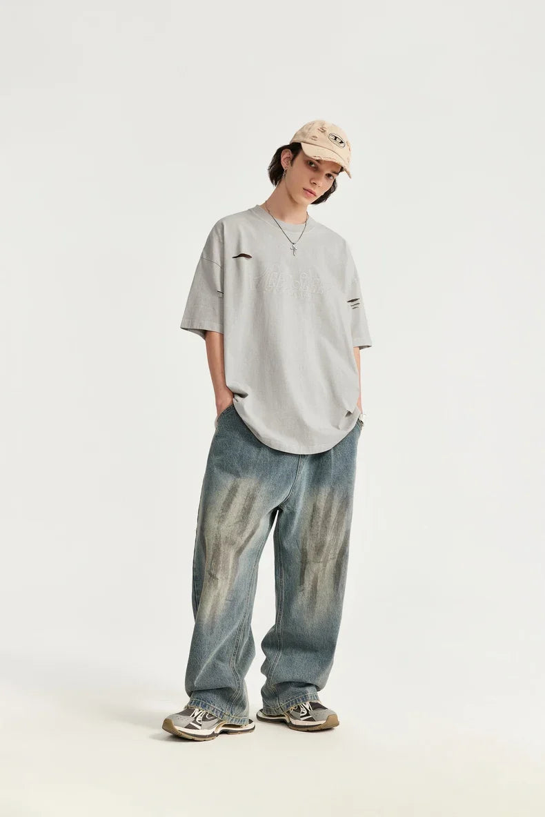 T-shirt oversize z dziurami i dziurami, haftowany