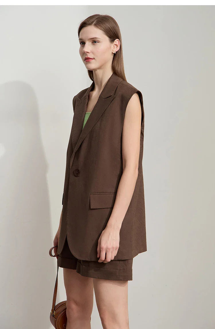 Luźny komplet z bawełny i lnu: kamizelka i spodenki