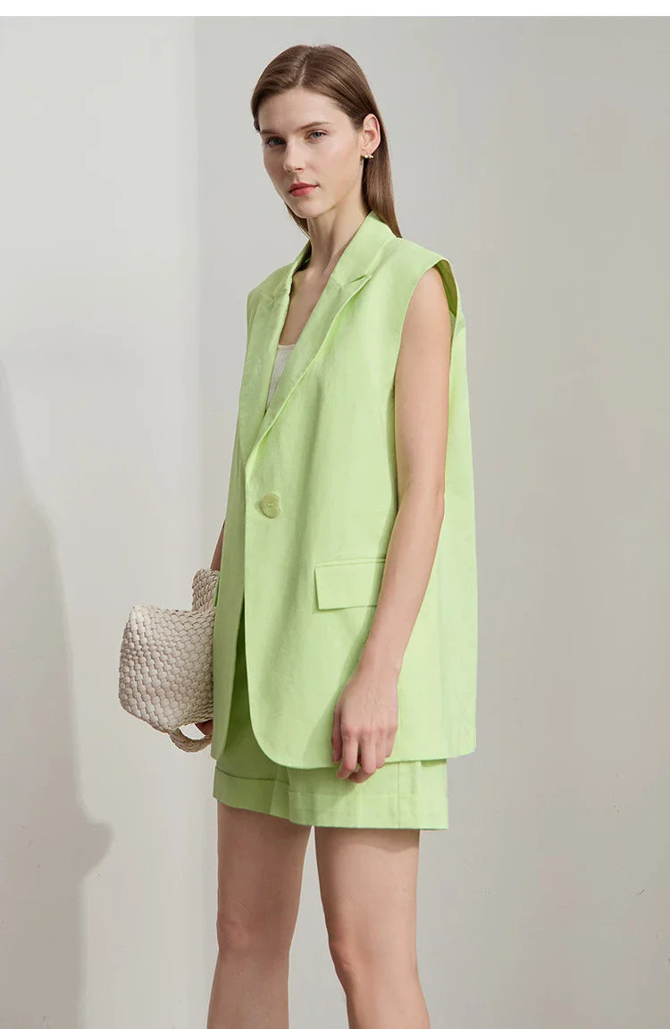 Luźny komplet z bawełny i lnu: kamizelka i spodenki