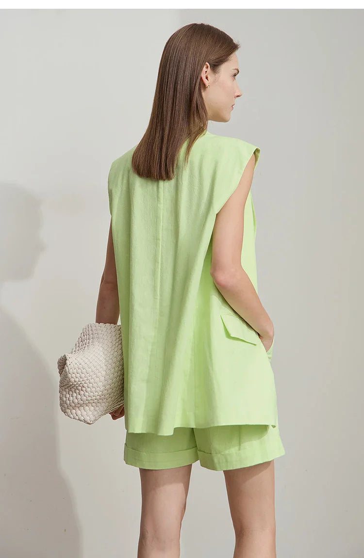 Luźny komplet z bawełny i lnu: kamizelka i spodenki