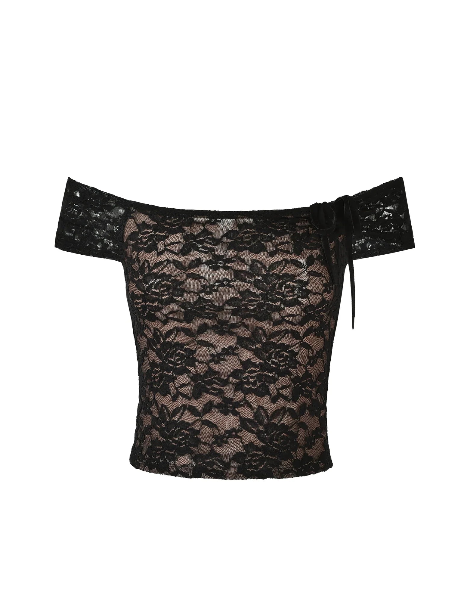 Top z odkrytymi ramionami i kwiatową fakturą