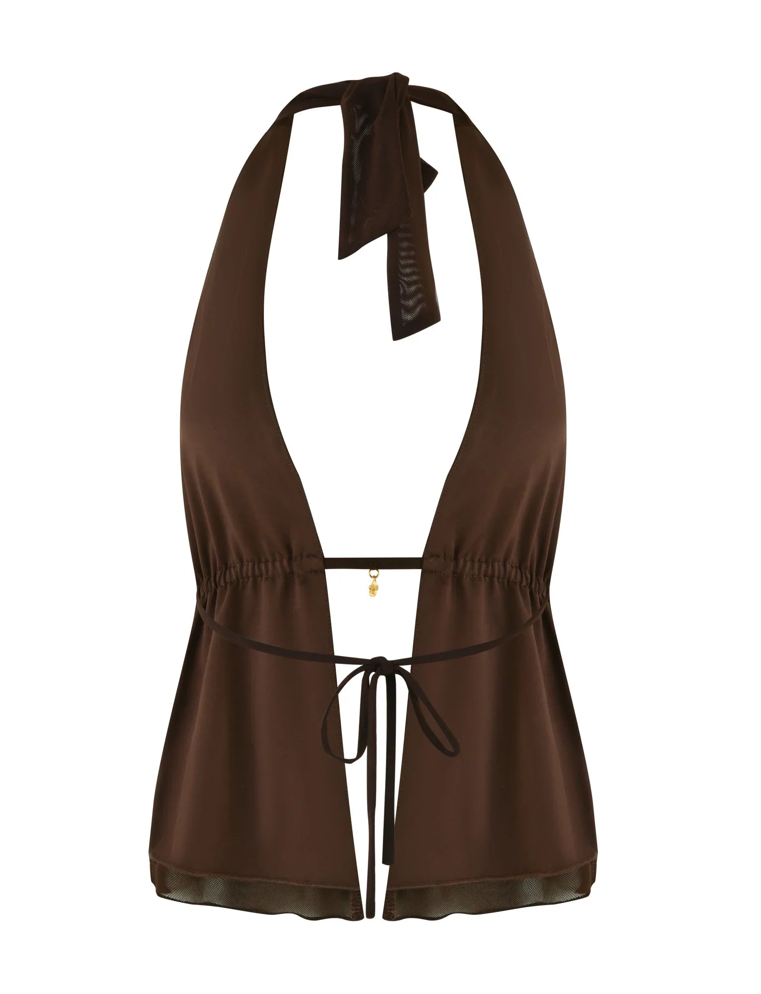Komplet ciemnobrązowej bluzki z dekoltem halter i spódnicy biodrowej