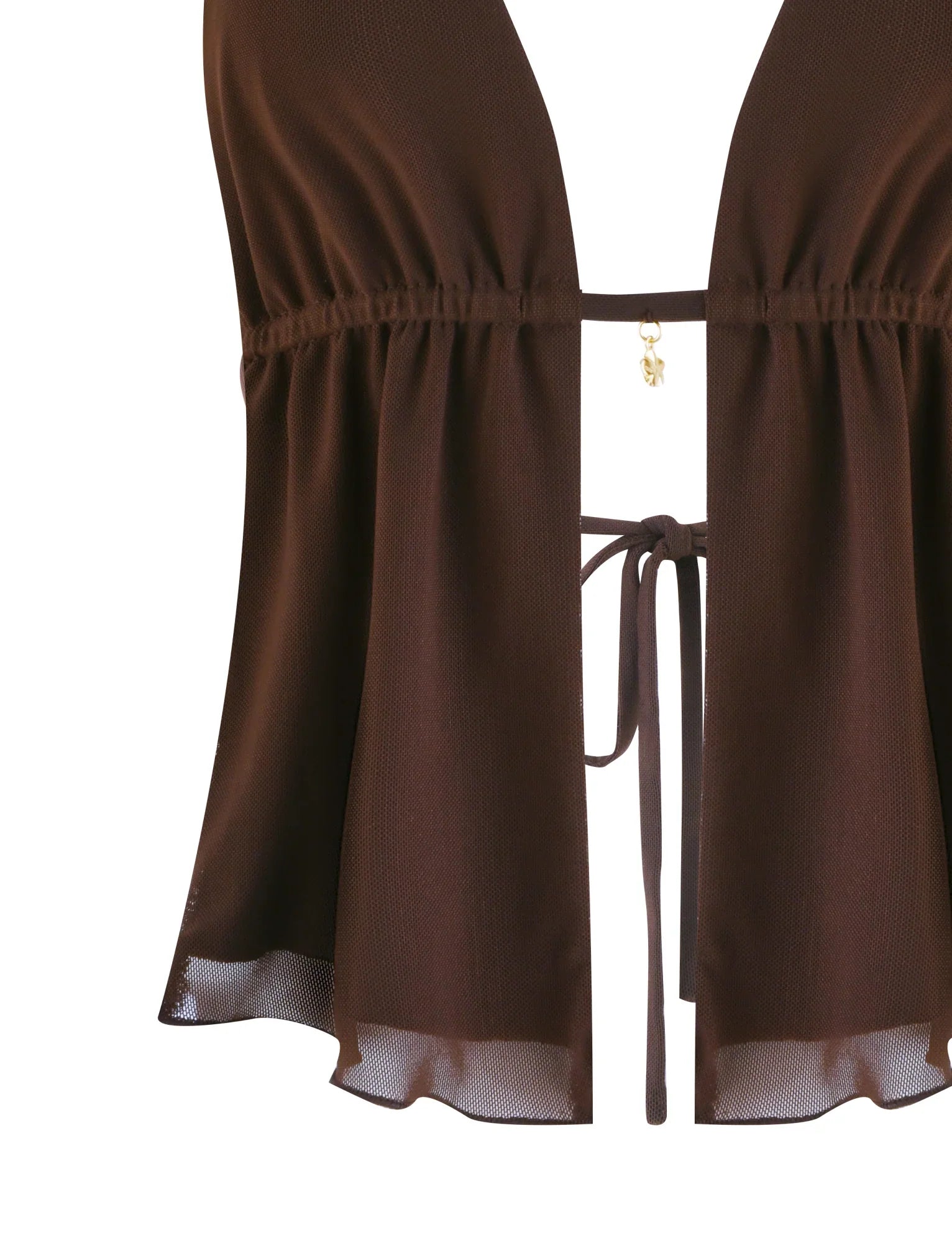 Komplet ciemnobrązowej bluzki z dekoltem halter i spódnicy biodrowej