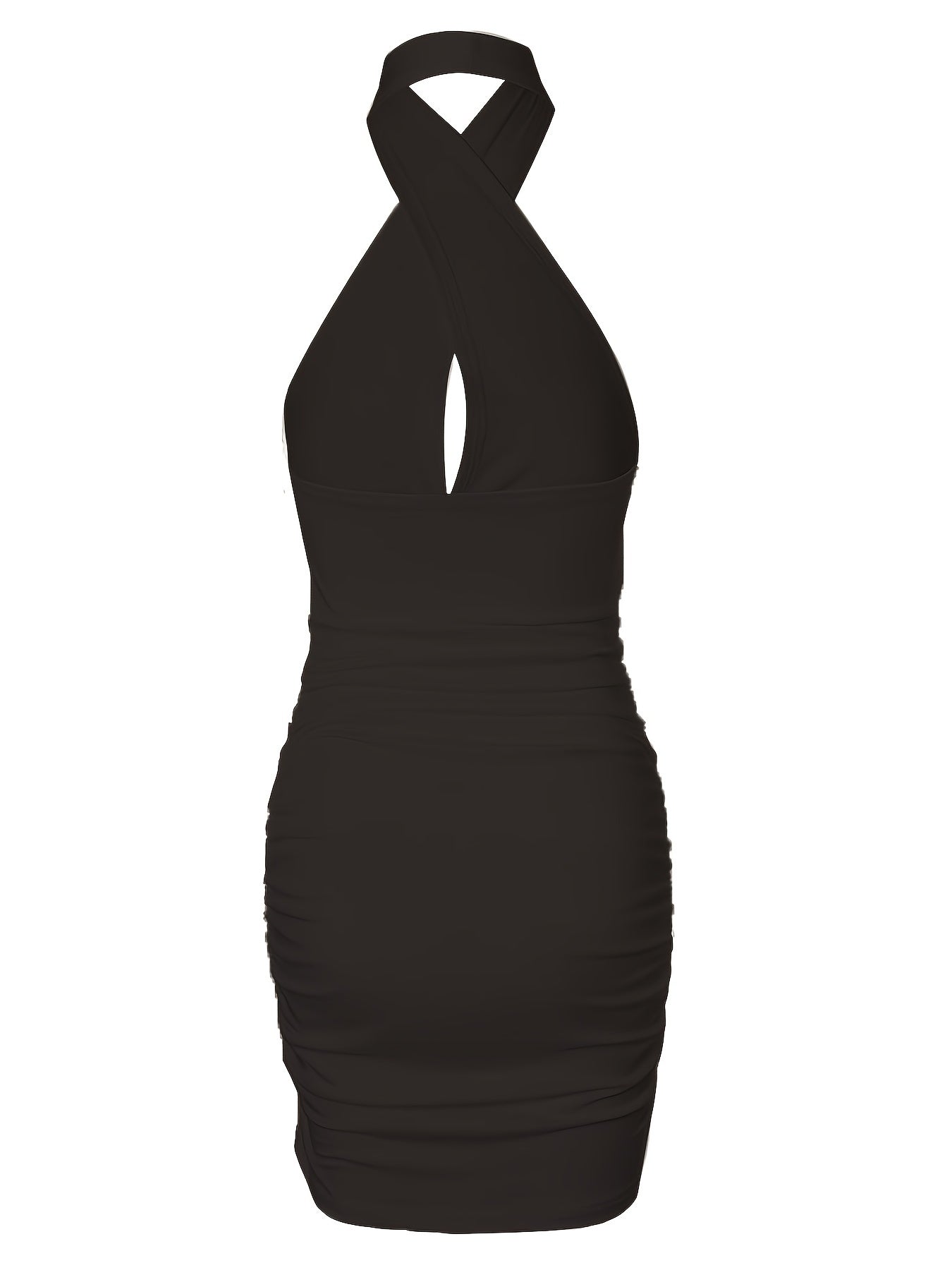 Wąska sukienka bez pleców, wiązana na szyi, z falbankami i marszczeniami