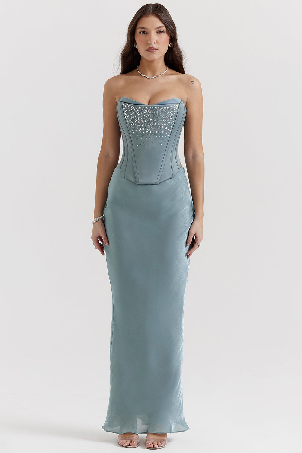 Chęodny niebieski zdobiony satynowy gorset ze spódnicą