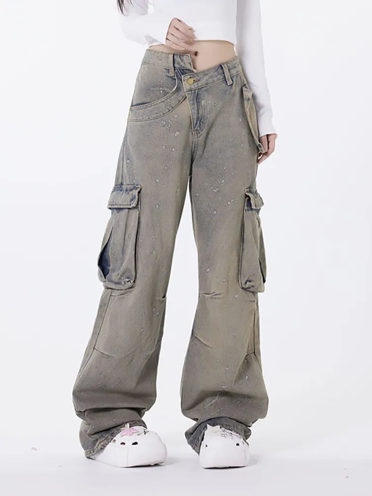 Retro asymetryczne sprane jeansy