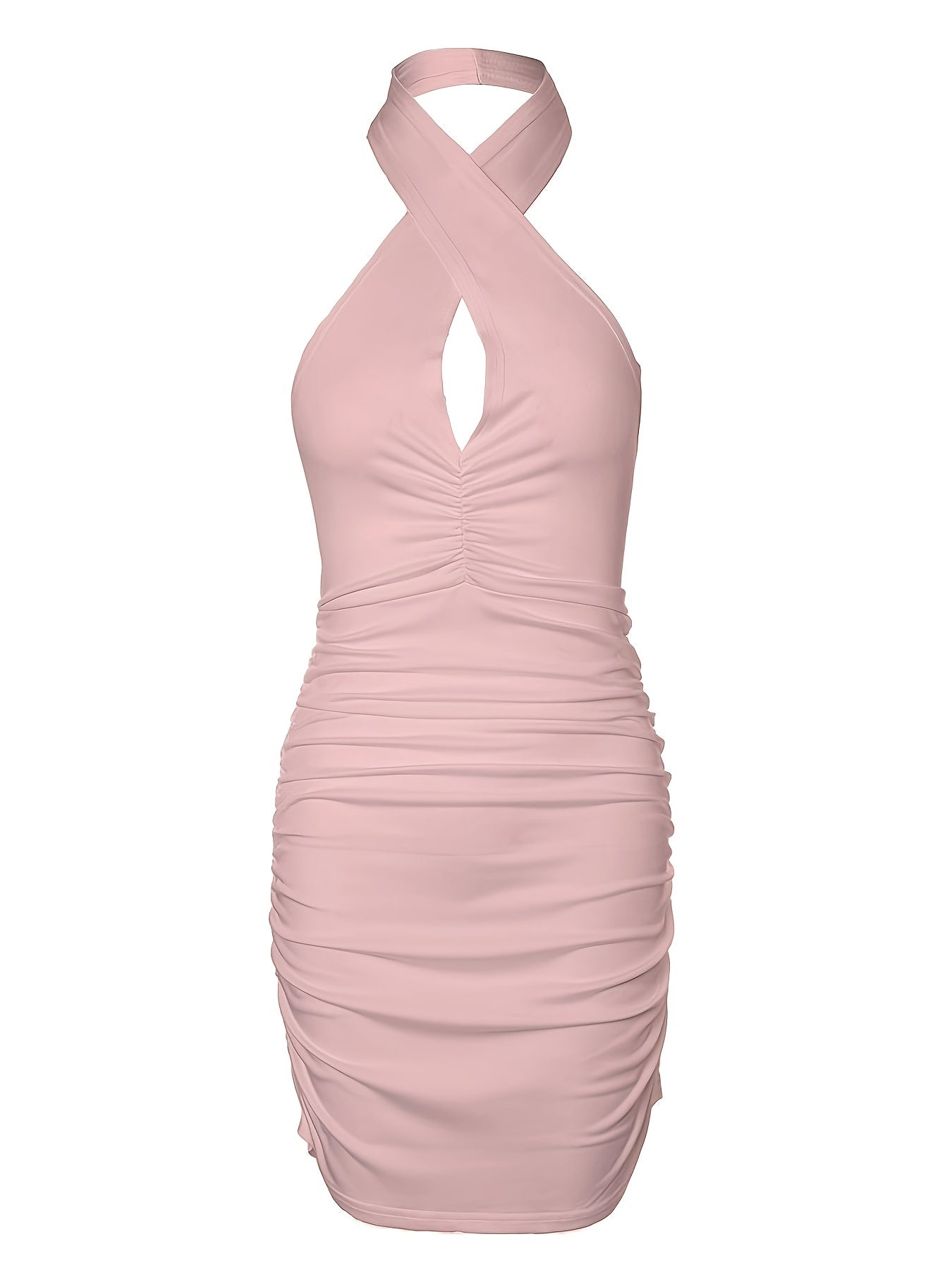 Wąska sukienka bez pleców, wiązana na szyi, z falbankami i marszczeniami