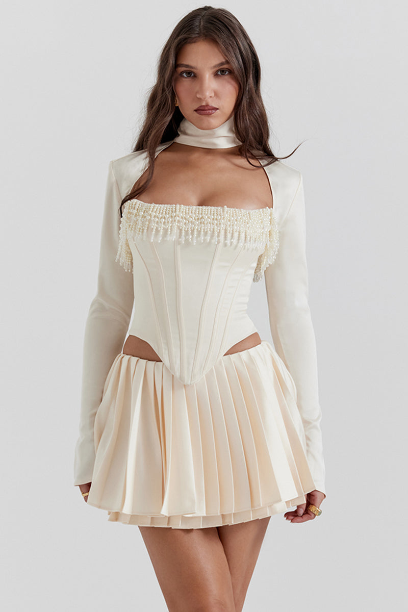 Satynowy gorset w stylu vintage, zdobiony kremowym wzorem