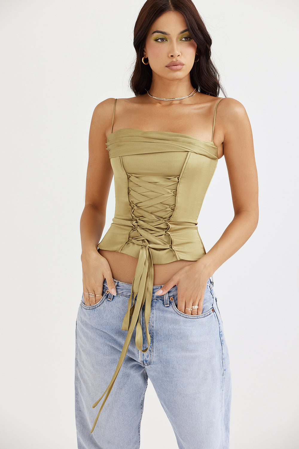 Satynowy gorset ze sznurkami w kolorze oliwkowym