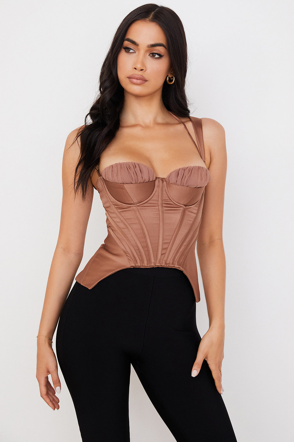 Gorset z satynową peplum w kolorze toffi