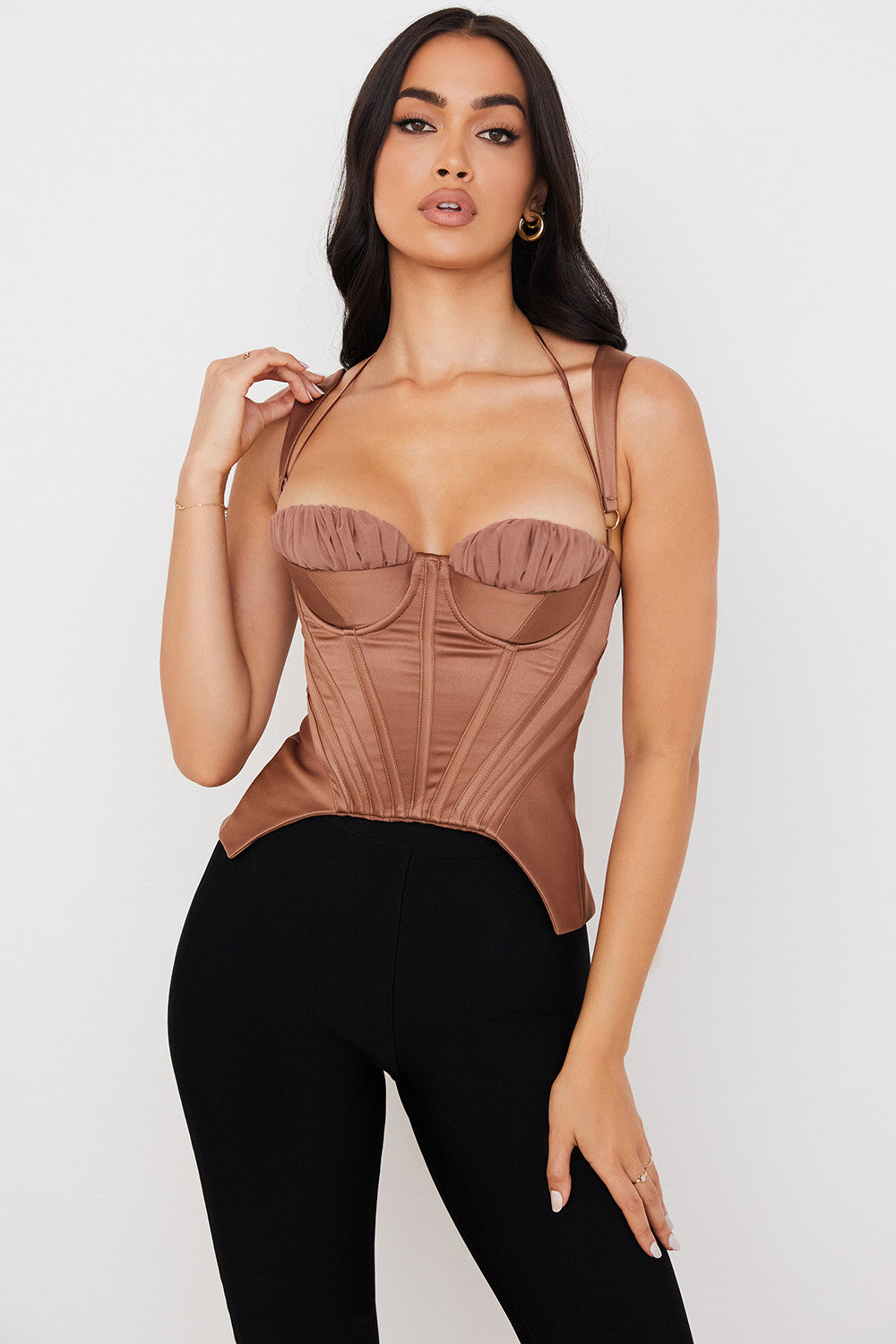 Gorset z satynową peplum w kolorze toffi