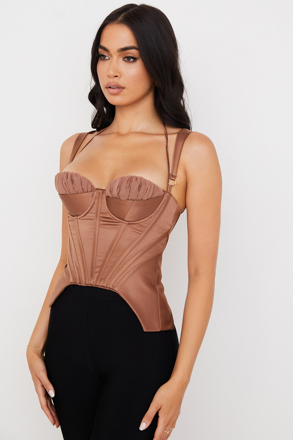Gorset z satynową peplum w kolorze toffi