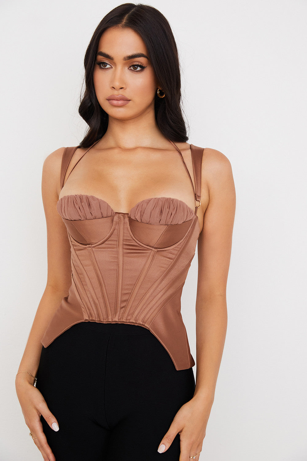Gorset z satynową peplum w kolorze toffi