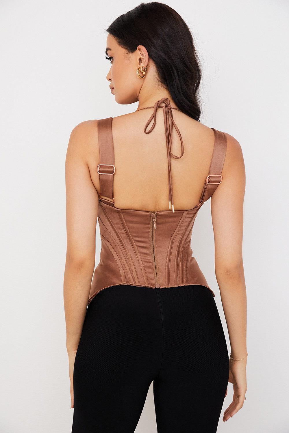 Gorset z satynową peplum w kolorze toffi