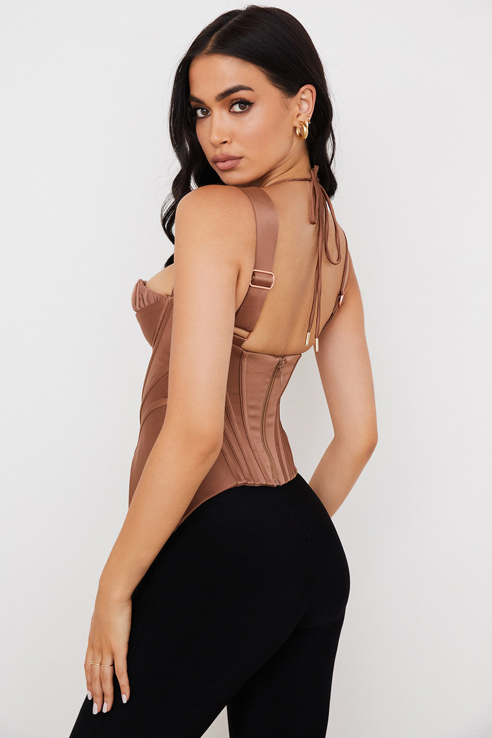 Gorset z satynową peplum w kolorze toffi