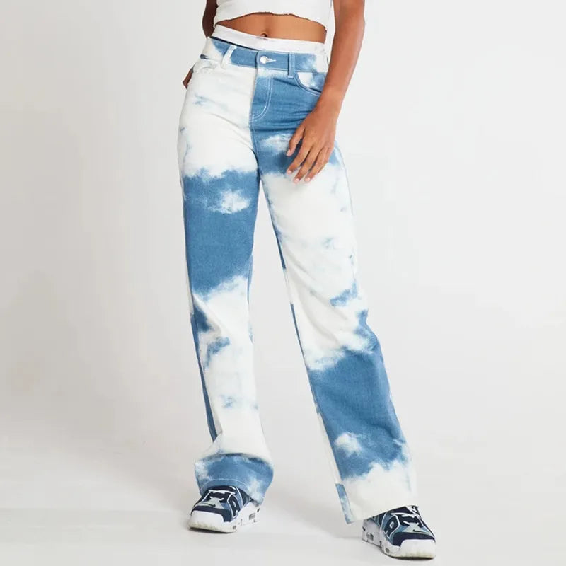 Niebieskie jeansy tie-dye z prostymi nogawkami