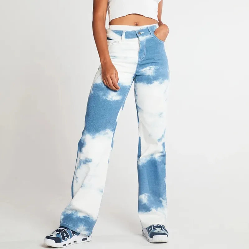 Niebieskie jeansy tie-dye z prostymi nogawkami