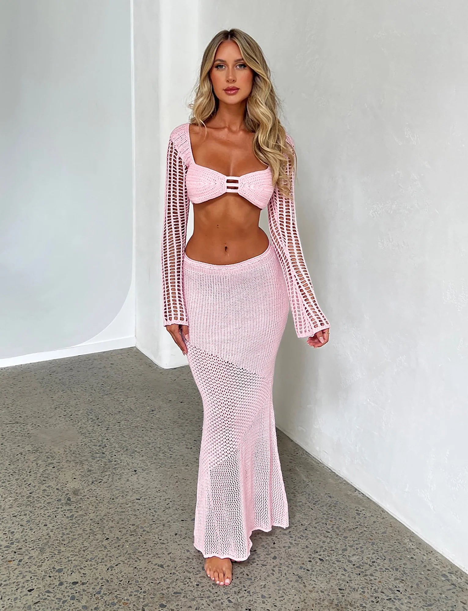 Spódnica Maxi z Długim Rękawem Crop Top Set
