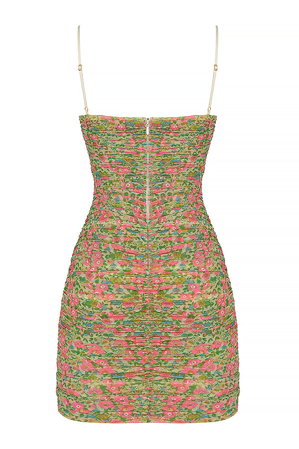 Sukienka mini w stylu vintage z siateczki z organzy, w kwiaty i falbany