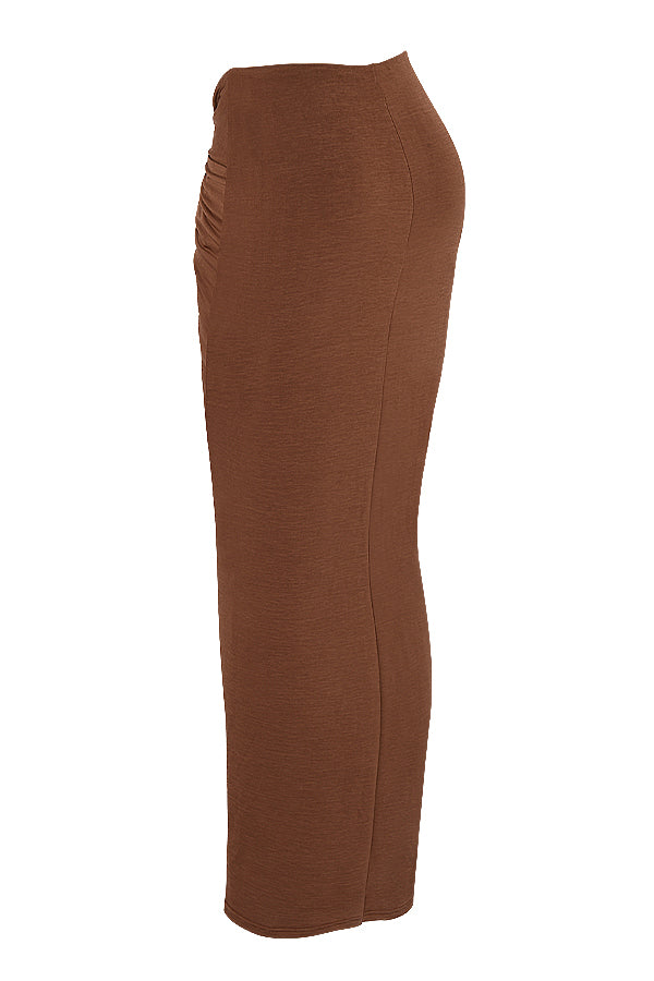 Crop top z marszczeniem w kolorze czekolady i dżersejowa spódnica maxi z zakrêcanym przodem