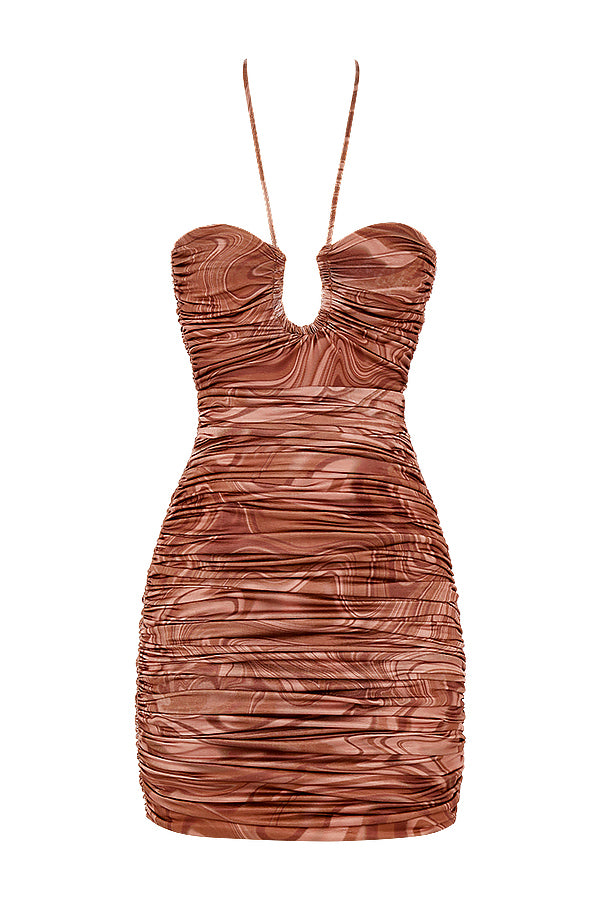 Sukienka mini halter z wyciêciem w ksztaęcie kakaowego wiru